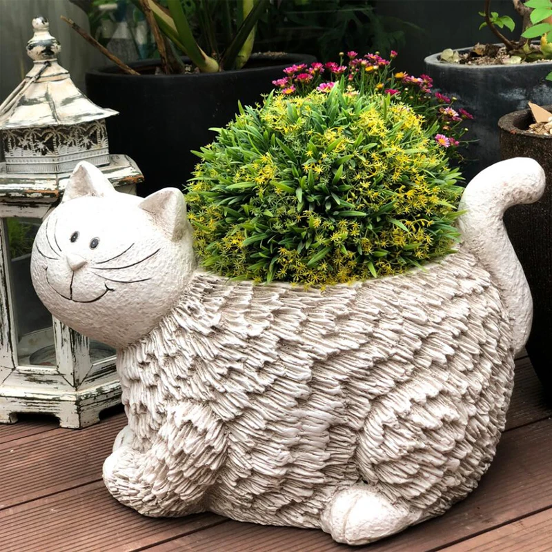 

Pastoral Cement Cute Cat Fleshy Flower Pot Ornaments Outdoor Garden Figurines Crafts Courtyard Park Villa Furnishing Decoration