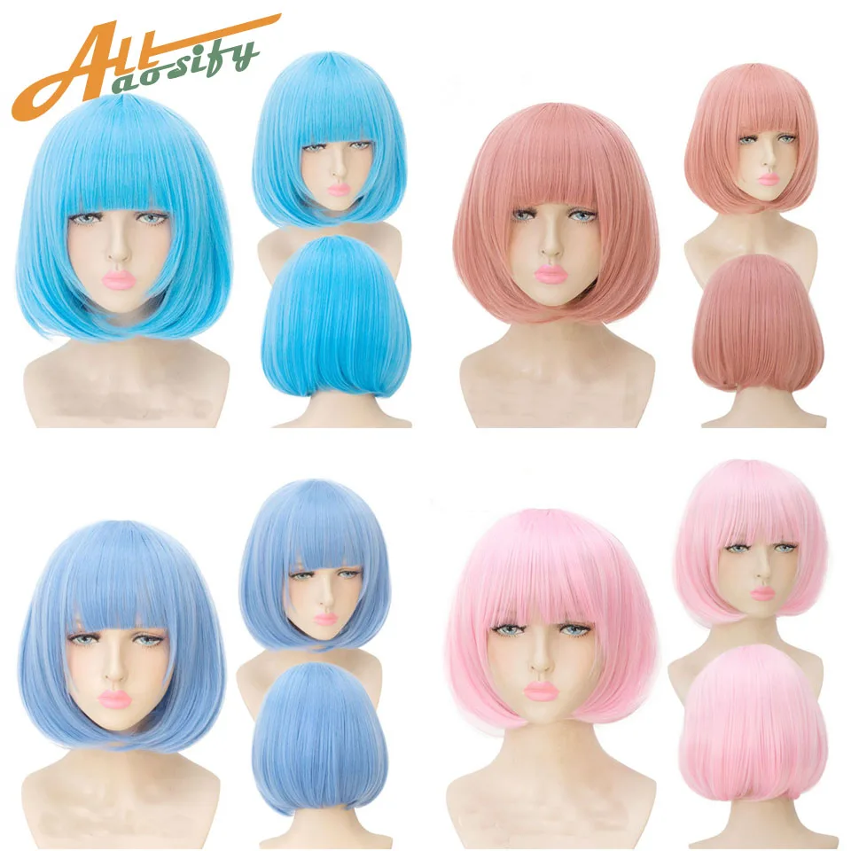 Allaosify 35cm short bobo Wig Black white purple blue red yellow high temperature fiber Synthetic Wigs Costume Party Cosplay Wig