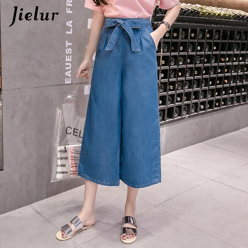 Jielur Loose Fashion Bow Wide Leg Mom Jeans for Women S-5XL Plus Size Feminino Pockets Slim Denim Capri Dropshipping |