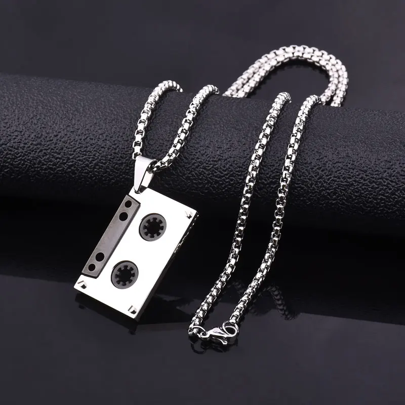 Stainless Steel Men audio tape shape pendant necklaces fashion 60cm long link chain vintage necklace men jewelry gift | Украшения и
