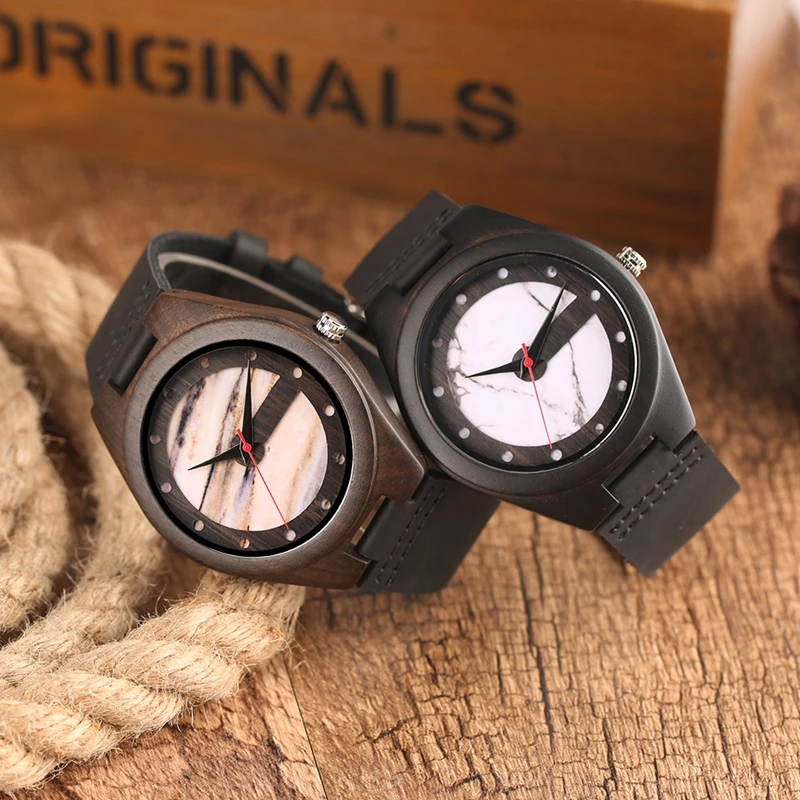 

4 Types Letter C Shape Unique Ebony Bamboo Wooden Watch Men Clock Male Genuine Leather Quartz Analog Trendy Retro Art Draw Watch
