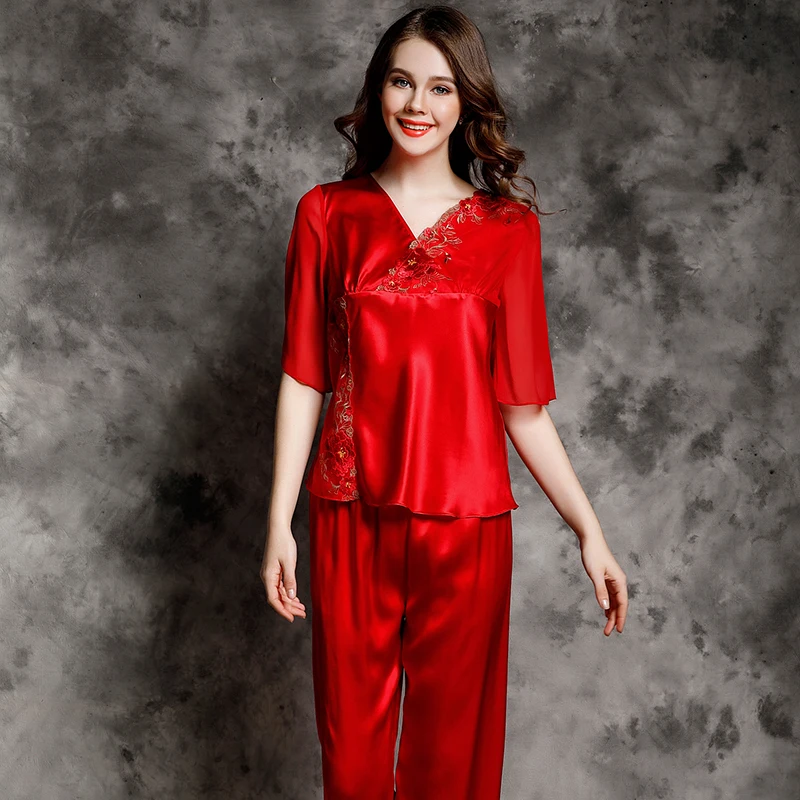 Real Silk Women fashion Pajama Pants Sets half sleeves red v-neck with lace embrodecoration Lounge Set full sleeve pajama2pc set