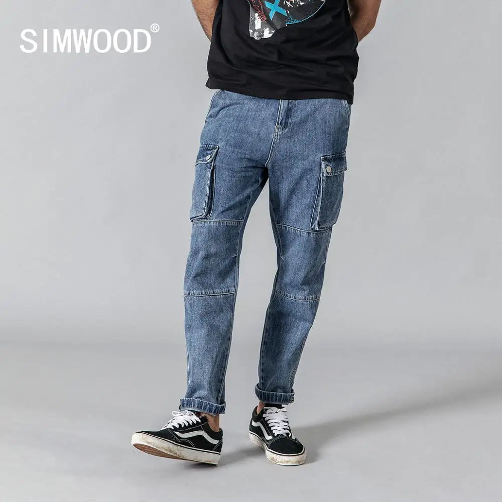 SIMWOOD Осенние новые джинсы карго мужские модные хип-хоп сплайсированные уличная одежда по щиколотку джинсовые штаны свободные брюки 190332