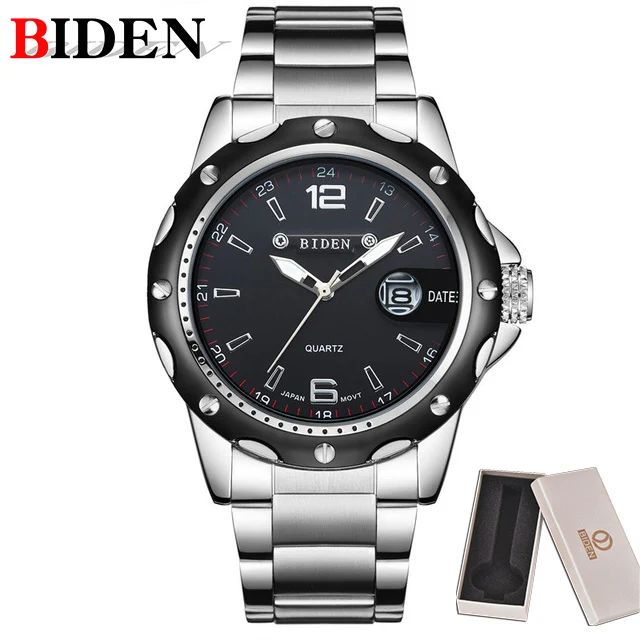 Black with box BIDEN мужские часы, роскошные часы Военная нержавеющая сталь Ремешок Часы повседневные модные водонепроницаемые наручные часы мужские relogio masculino - Цвет: Black with box