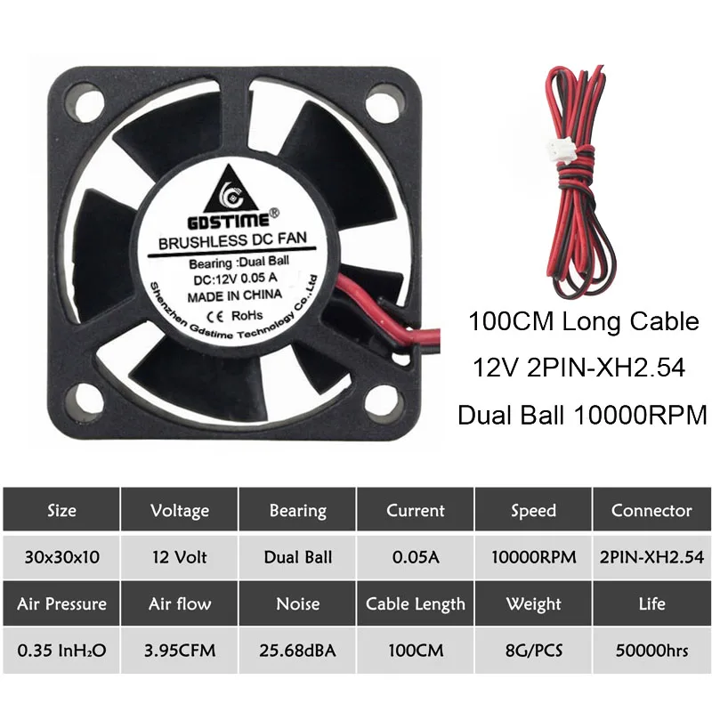 12V Ball 100CM-Wire 5 шт. Gdstime 3010 5 в 12 В 24 В 2Pin 3 см 30 мм 30x30x10 мм микро DC мини Бесщеточный кулер вентилятор охлаждения - Цвет лезвия: 12V Ball 100CM-Wire