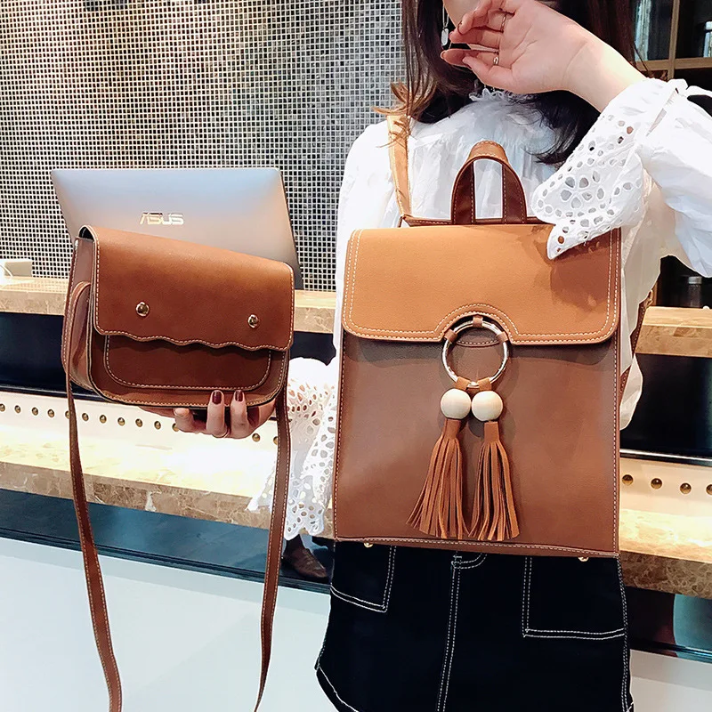 Новый Стиль Multi моды Fashion Double Pack Рюкзак кисточкой Средняя школа студент сумка