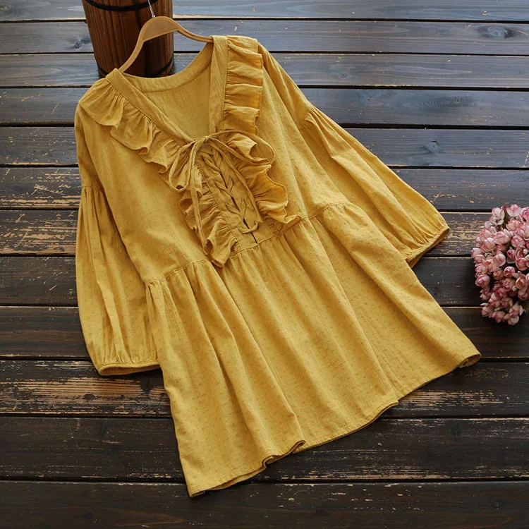 Женская хлопковая блузка с V образным вырезом длинным рукавом и гофрированным