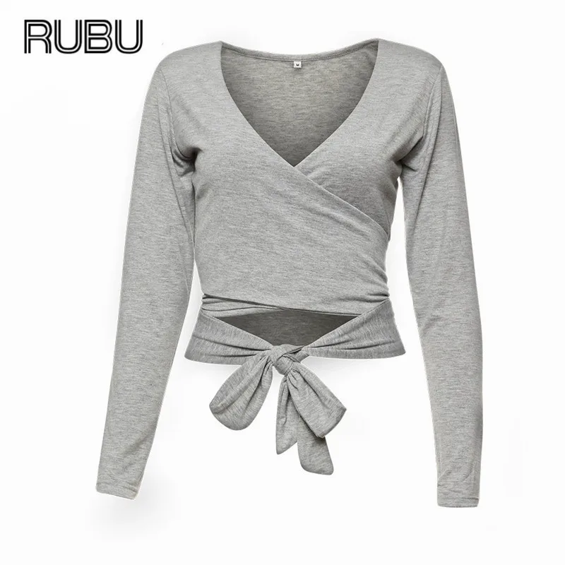 Rubu Женщины Crop Футболки Лето 2017 г. Новая мода длинный рукав и v образный вырез