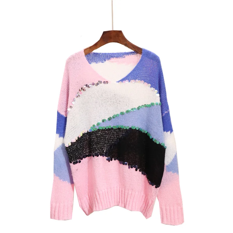 Off Shoulder 2018New autumn Women's Loose sweaters fashion pullovers Sequin V-neck Contrast color Street wear knitted jumpers | Женская