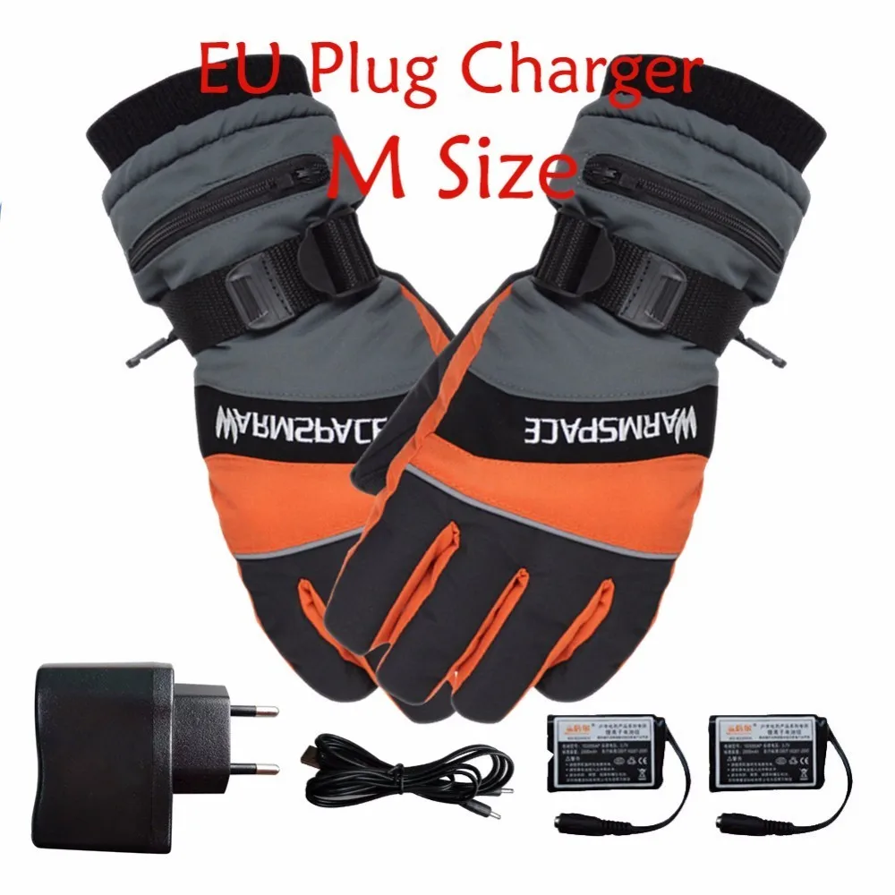 EU Plug Orange Msize 1 пара, зимние USB грелки для рук, электрические тепловые перчатки, водонепроницаемые перчатки с подогревом, на батарейках, для мотоцикла, лыжного спорта, Прямая поставка - Цвет: EU Plug Orange Msize
