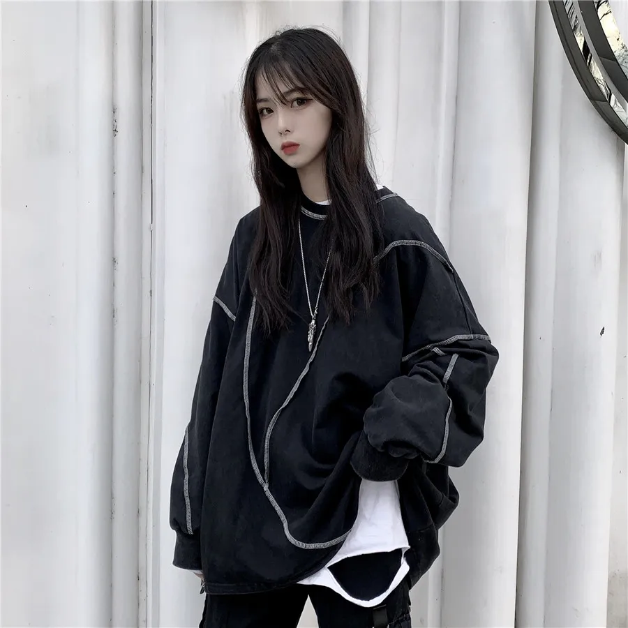 Корейский Ulzzang Твердые негабаритных толстовки для женщин Harajuku Kpop одежда Японская уличная одежда с длинным рукавом друзья Толстовка черный