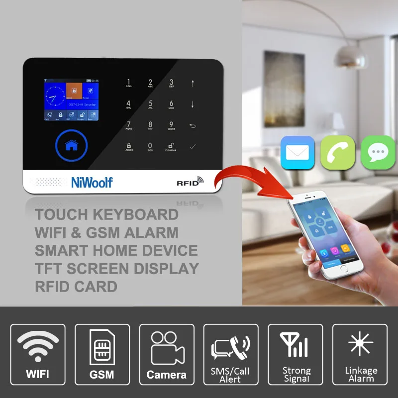 433 МГц wifi GSM домашняя охранная сигнализация Android IOS приложение сенсорная клавиатура Английский Русский Испанский Немецкий польский итальянский французский