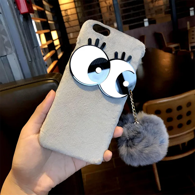 Чехол для iPhone X 8 6s Plus 7plus XR XS MAX 11Pro Ainike Big Eyes Wram с помпоном из кроличьего меха и