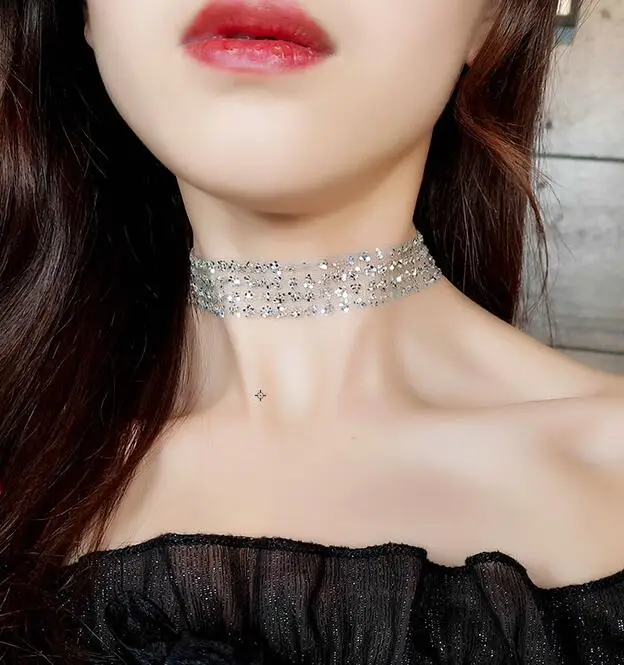 C1387-silver Новое модное популярное ожерелье-чокер с искусственным воротником, расшитое блестками Золотое серебряное Женское Ожерелье - Окраска металла: C1387-silver