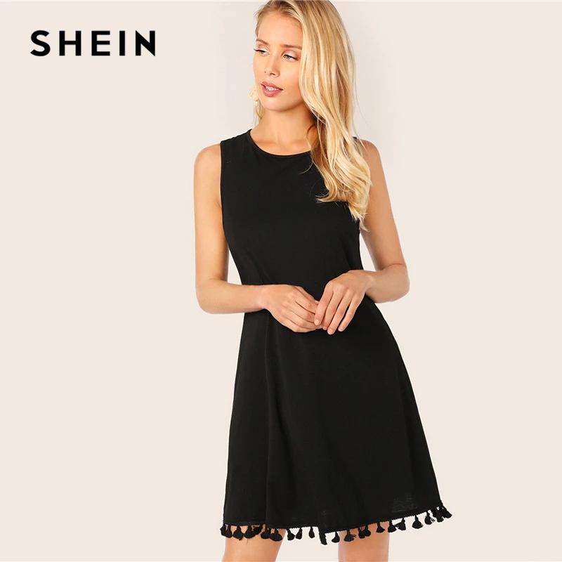 SHEIN Платье-туника без рукавов с кисточками, Boho, черное, однотонное, с бахромой, лето, круглый вырез, без рукавов, прямые платья