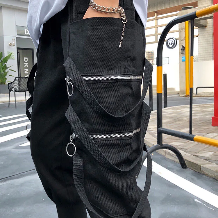 Женские брюки карго CheerSolo черные в стиле хип хоп с несколькими карманами и лентой