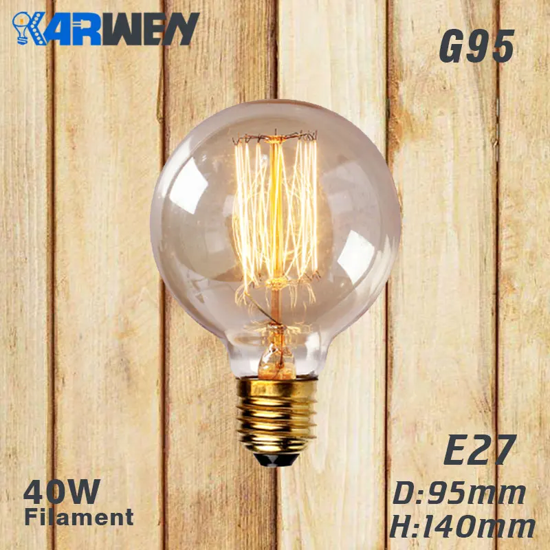 G95 filament Эдисон лампы E27 40 Вт накаливания подвесной светильник в стиле ретро 220V ST64 A19 T45 T10 G80 G95 ампулы Винтаж лампа Эдисона лампа накаливания светильник лампочка - Цвет: G95 filament