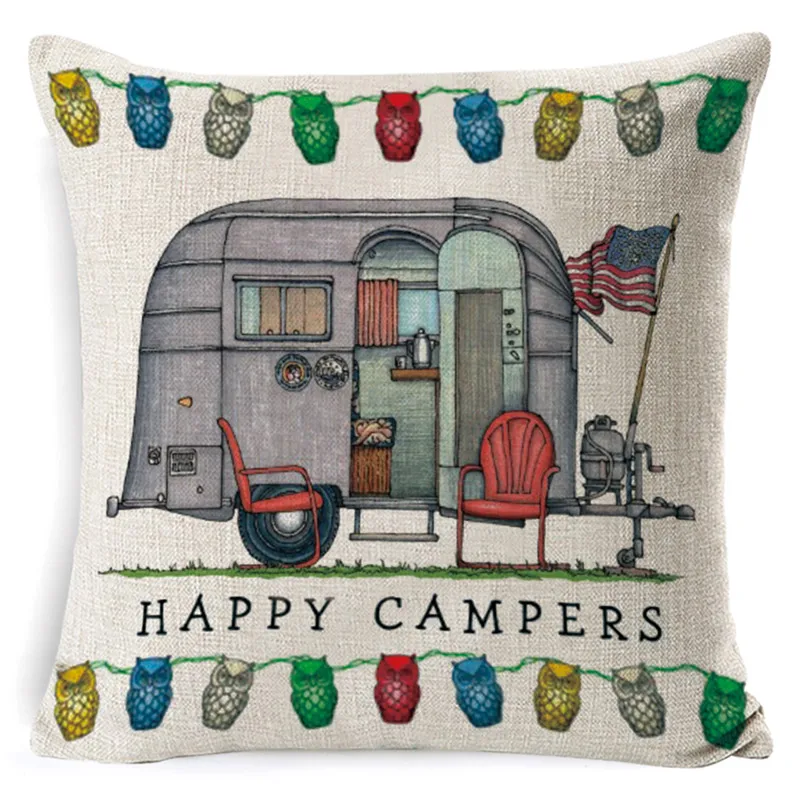 Льняная наволочка «Happy Camper», наволочка с надписью, наволочка с изображением автомобиля для дивана, спальни, украшения дома, 45 см* 45 см, cojines