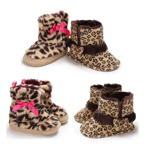 Теплые зимние ботинки для новорожденных и маленьких девочек леопардовые с