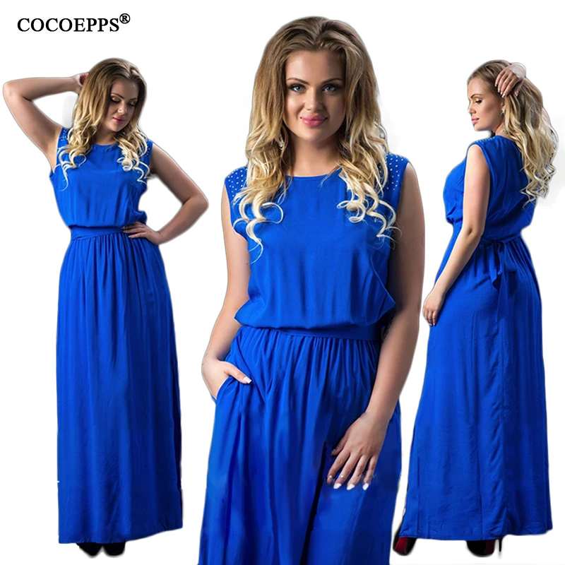 Женское длинное платье без рукавов однотонное с круглым вырезом большие размеры