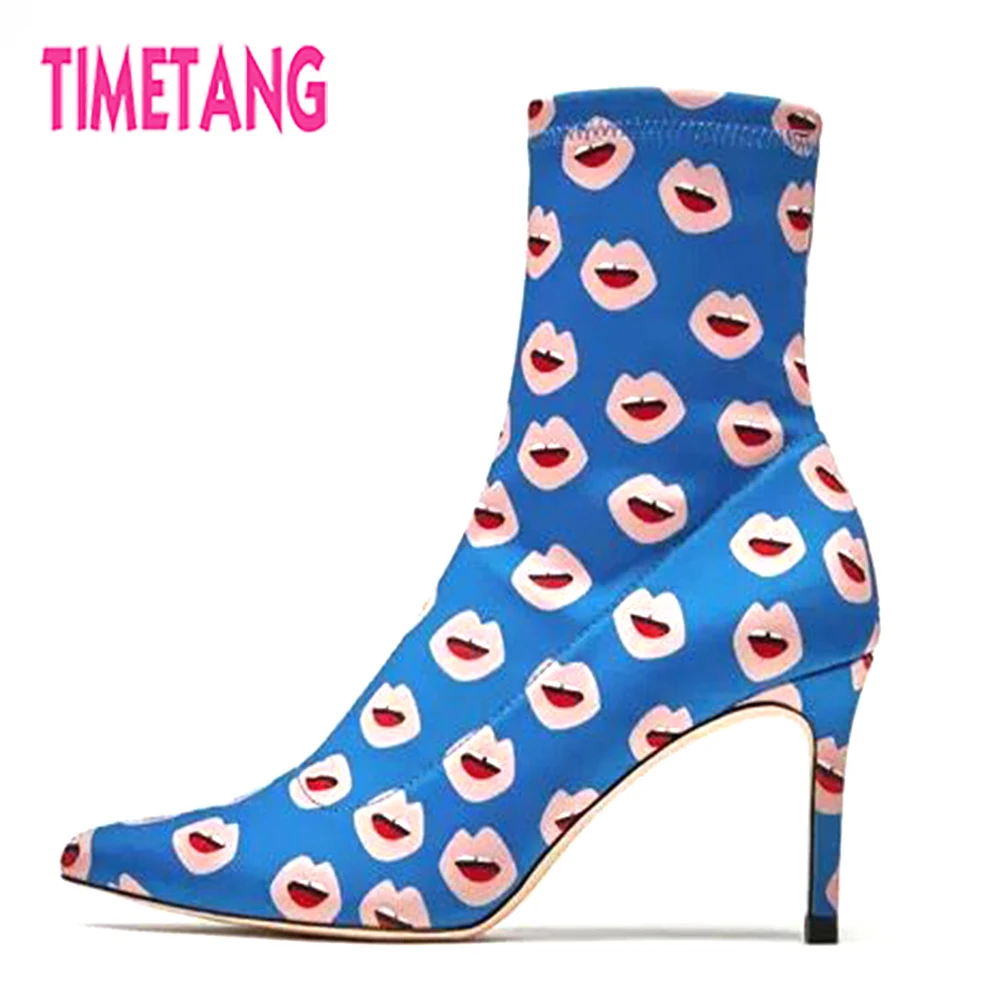 TIMETANG New Super Cool Hot Kiss Mouth Print Pointed Toe High Thin Heels Women Ankle Boots Sexy Beautiful Woman Shoes Size 34-43