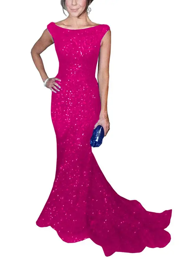 Solovedress ткань Кепки одежда в морском стиле с длинными рукавами с пайетками вечернее платье, с вырезом лодочкой, блестящие вечерние платья vestido de fiesta SLD-SLP9009 - Цвет: Fuchsia