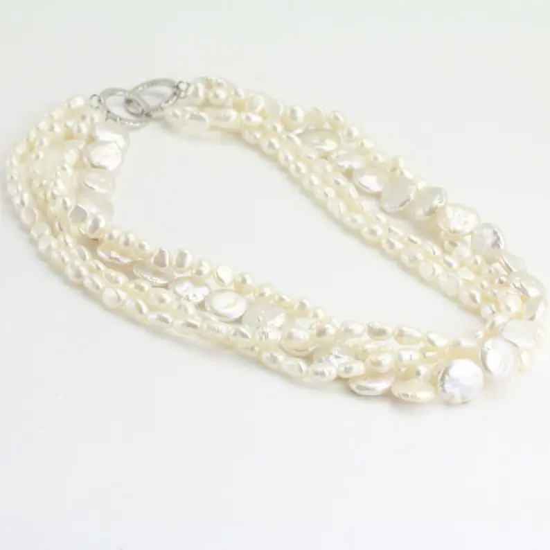 White Color Natural Freshwater Pearl Necklace 4rows Mixes Irregular Wedding Bridal Bridesmaid Gift Jewelry | Украшения и