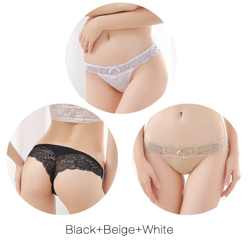 Set 1 3Pcs Модные сексуальные кружевные трусики для женщин и девушек, женские мягкие трусики-стринги с низкой талией, трусики с бантиком, Размеры s m l xl XXL, Комплект трусов - Цвет: Set 1 3Pcs