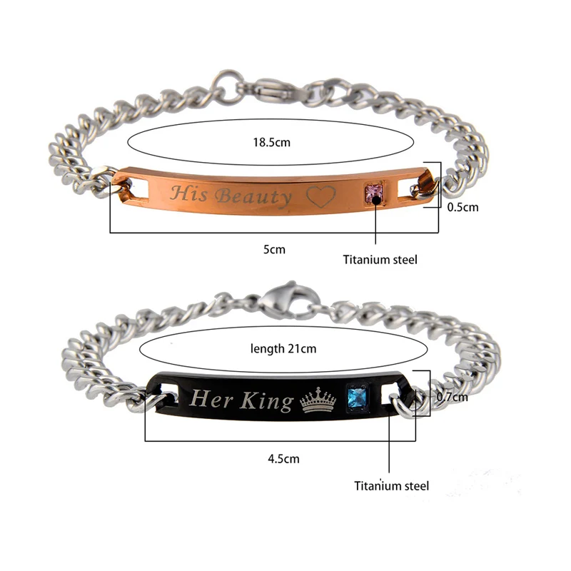 New Romantic Her King His Queen Beast Beauty Letter Couple Bracelets Stainless Steel for Women Men Jewelry Lover Gifts | Украшения и