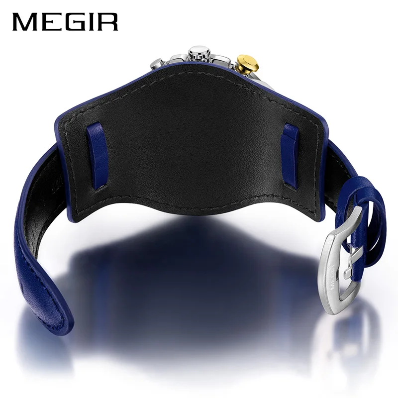MEGIR Мужские кварцевые часы с хронографом водонепроницаемые кожаным ремешком