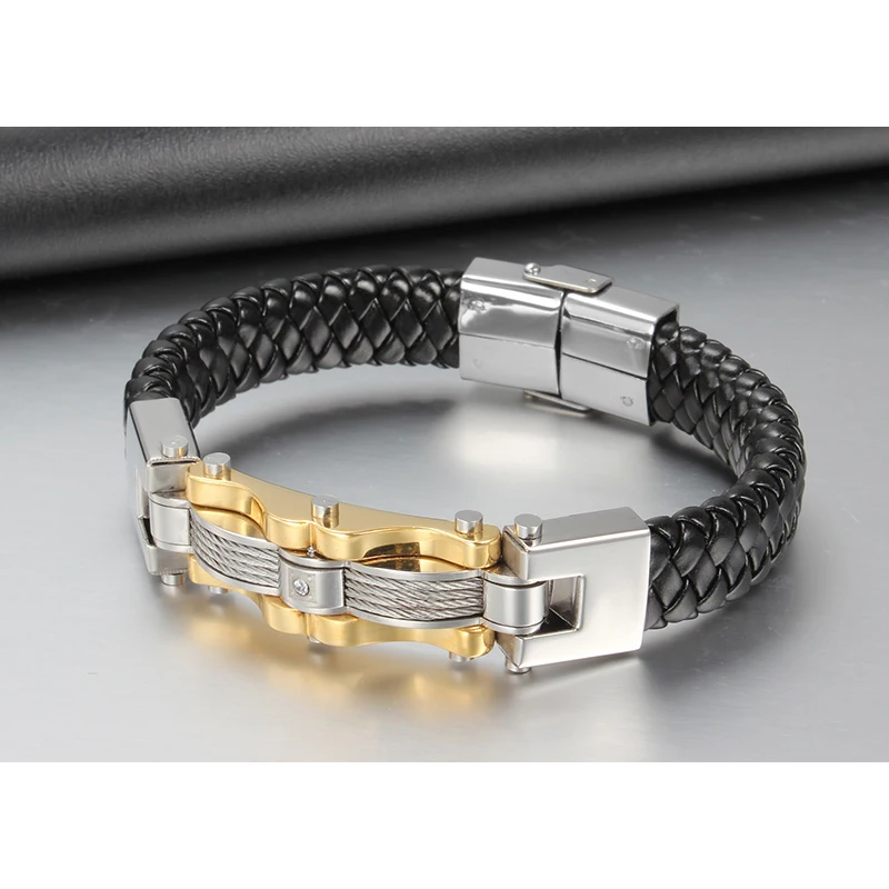 XUANPAI Gold-Color Stainless Steel Leather Bracelet With CZ Stone Male Retro Accessories Wia Bangles Jewelry 9&quot | Украшения и