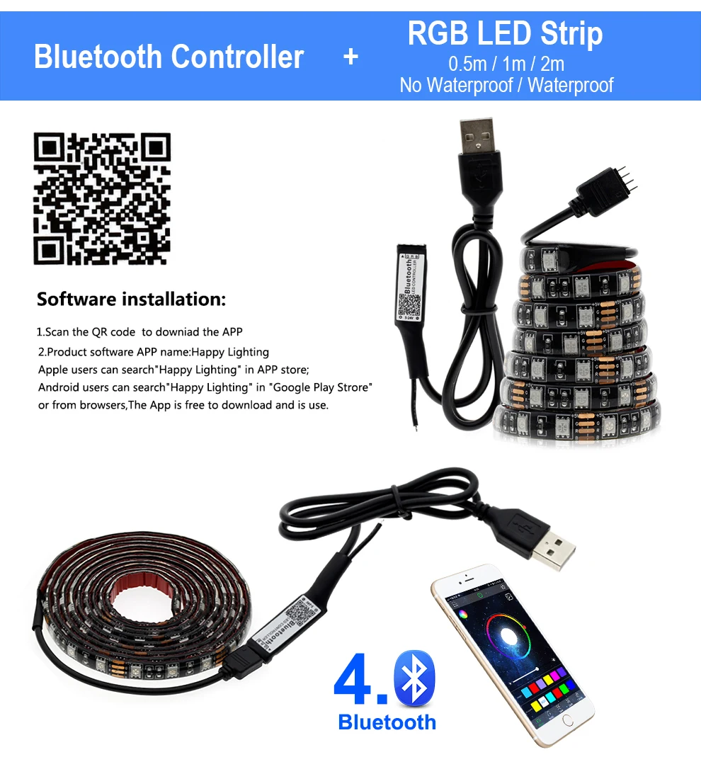 USB Светодиодная лента RGB DC5V гибкий светодиодный светильник RGB сменный цвет водонепроницаемая светодиодная лента 5050 50 см 1 м 2 м комплект