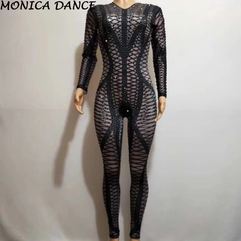 Sexy Stage Black Nude Rhinestone Jumpsuit Nightclub Bar Wear Stones Bodysuit Leggings Prom Celebrate Outfit Performance Costumes