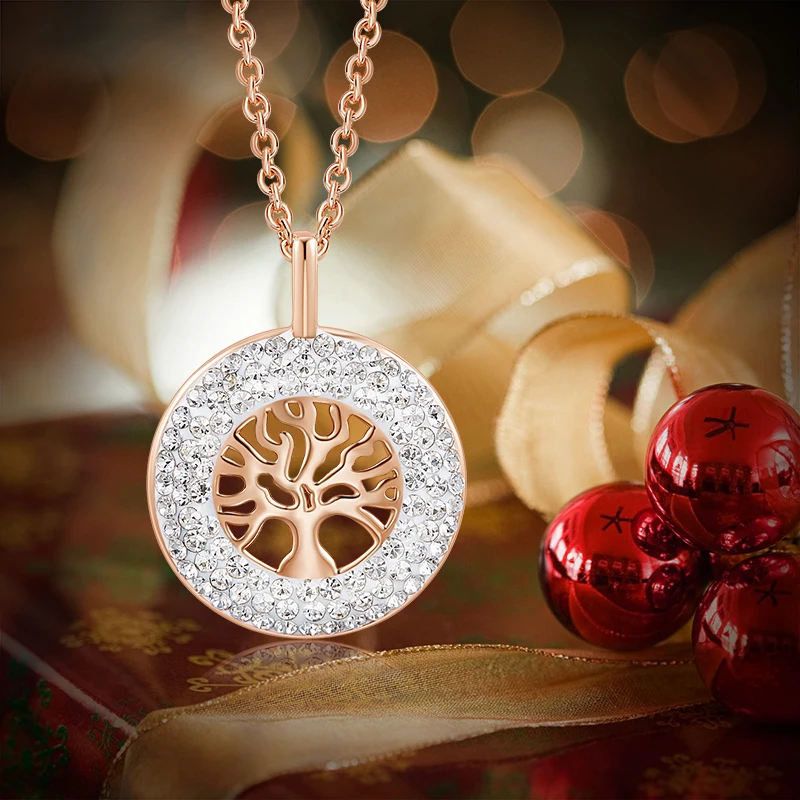 CDE женское золотое ожерелье с подвеской, украшенное кристаллами Swarovski, розовое золото 18 К, дерево жизни, ювелирное изделие, рождественский подарок