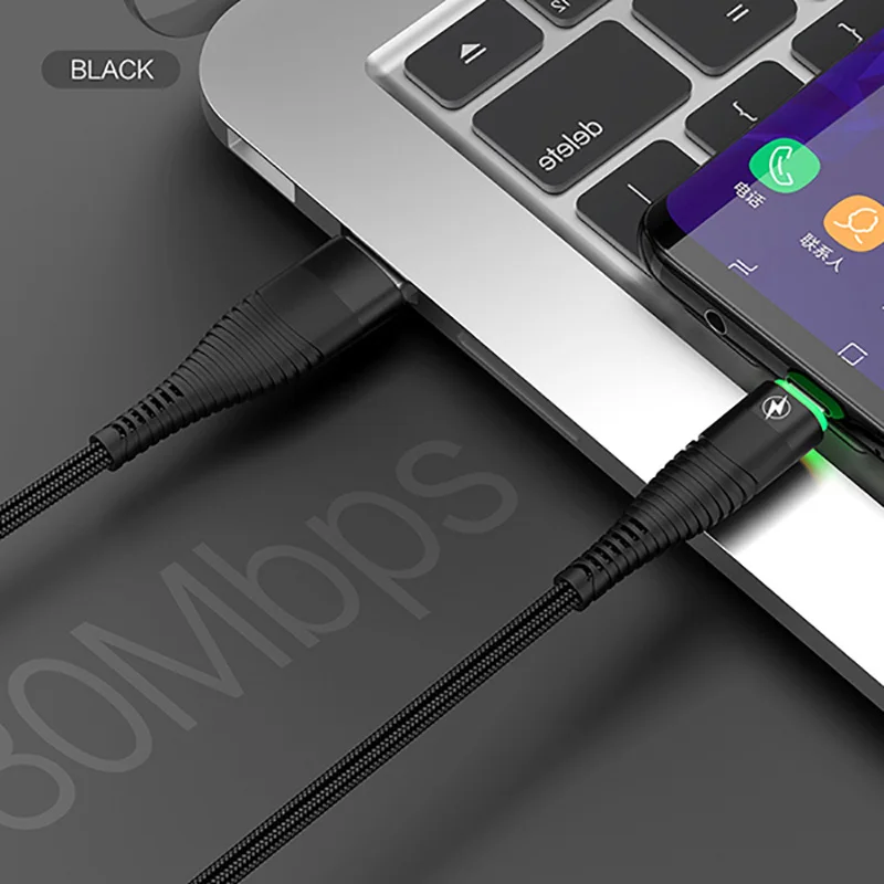 Black Jellico 3A светодиодный кабель usb type C для samsung Xiaomi QC3.0 провод для быстрой зарядки USB-C зарядное устройство для мобильного телефона usb type-c кабель - Цвет: Black