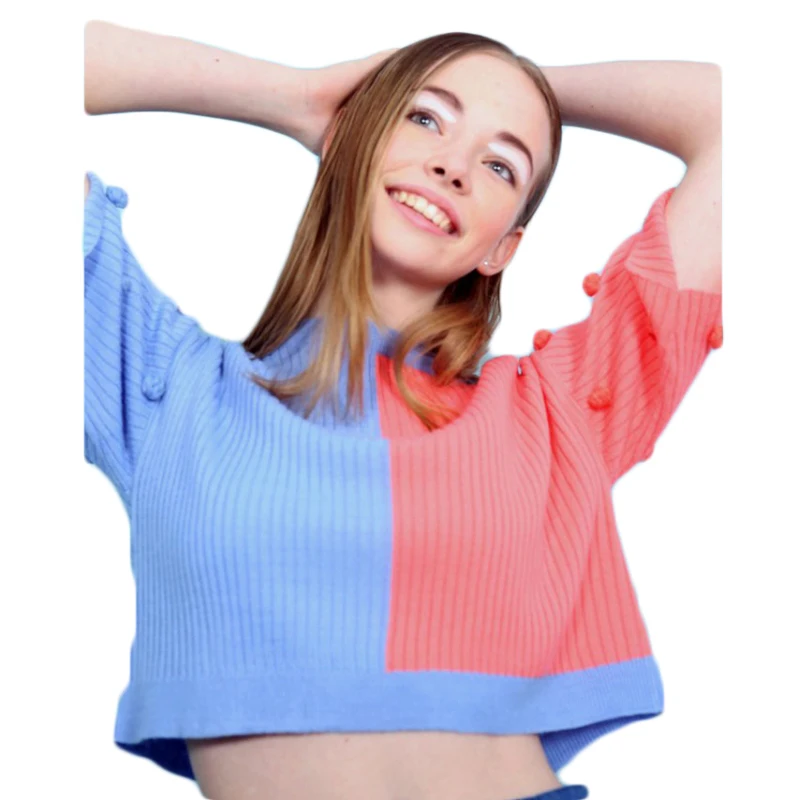 IRISIE O-neck Patchwork Sleeve Pullovers Sweater Casual Streetwear Blue And Pink Autumn Tops For Women 2018 New Arrival | Женская одежда