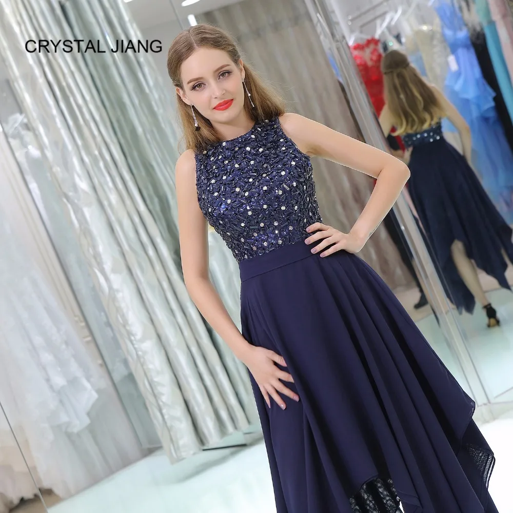 Темно синее коктейльное платье CRYSTAL JIANG 2018 сделанное на заказ Ассиметричное без