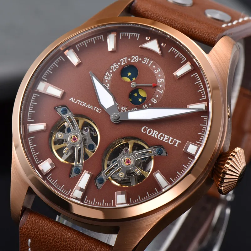 Corgeut 46mm Mens Automatic Watch Coffee PVD Case Luminous Dial WristWatch Date Function Flywheel Mechanical Watches CA3023CC | Наручные