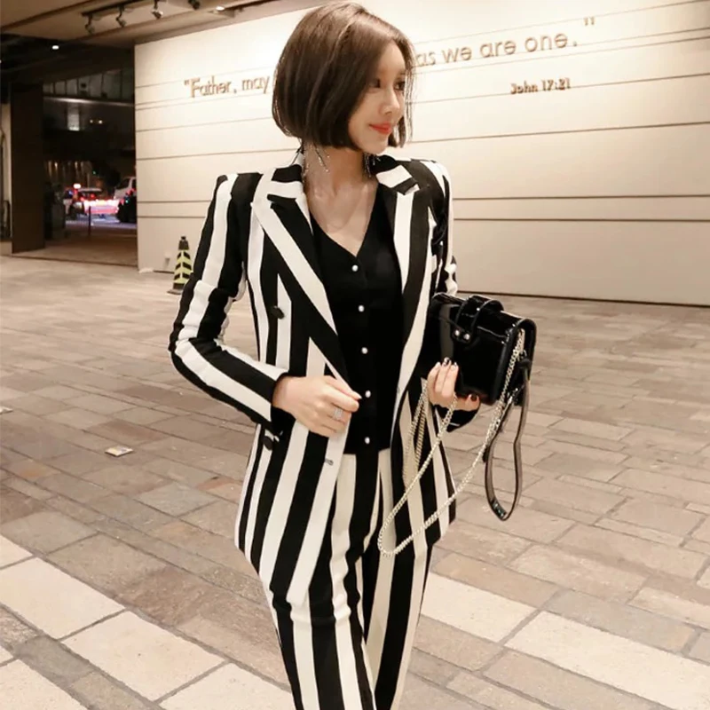 New fashion autumn women's OL professional temperament double-breasted fashion warm striped blazer slim pants two-piece set