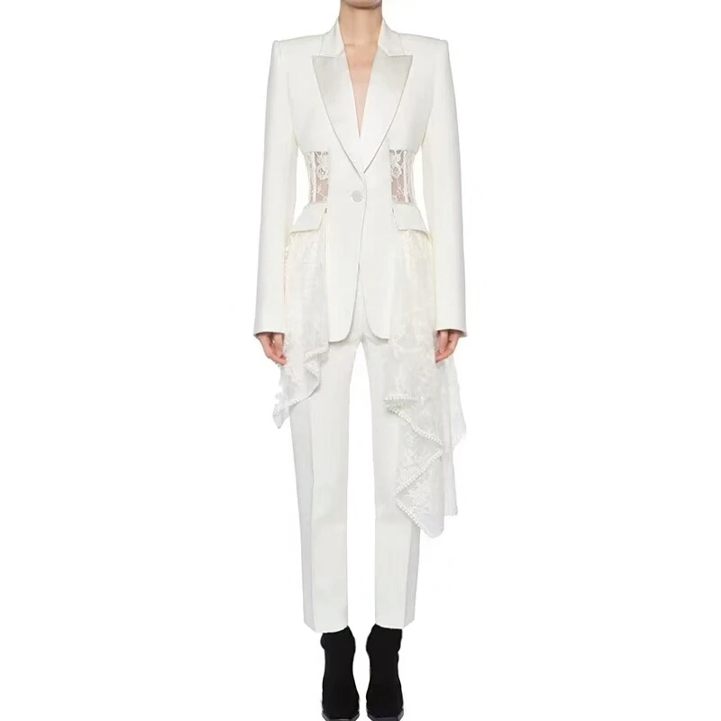TWOTWINSTYLE Lace Blazer Female Patchwork Hollow Out High Waist Asymmetrical Coats Large Size Womens Autumn Sexy Clothing - Цвет: White Blazer