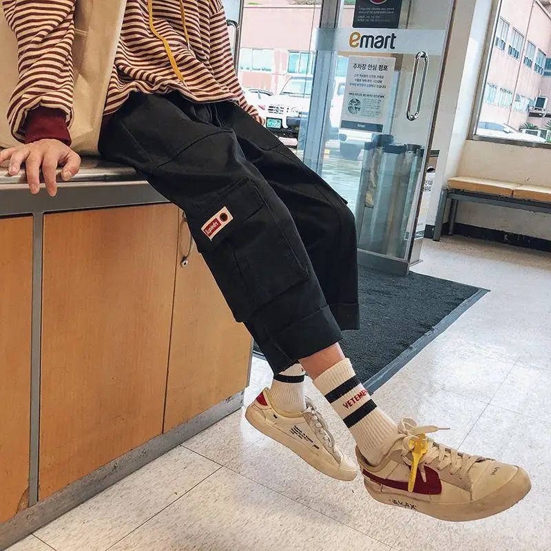 

Black Cargo Pants For Women Solid Loose Big Pockets Sweatpants Casual BF Ankle-Length Trousers Female High Street Pant Girls