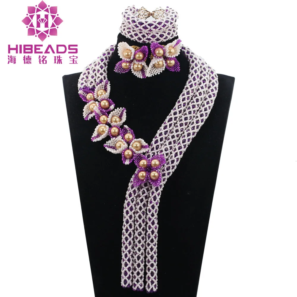 Изящный Белый Фиолетовый Африканский бисер Свадебный комплект ювелирных