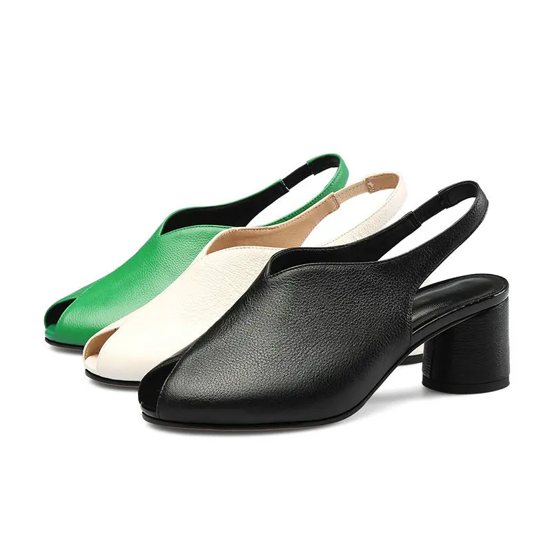 

Women Cow Leather High Heels Black Green Sling Back High Heeled Shoes Woman Genuine Leather Open toe Dress Party Platform Pumps