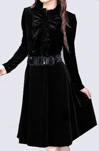 Осенне зимняя одежда большого размера Осеннее приталенное бархатное платье с