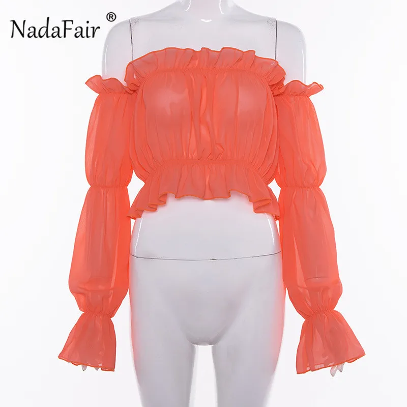 Nadafair неоновый топ с открытыми плечами и блузки Женская оранжевая Сексуальная