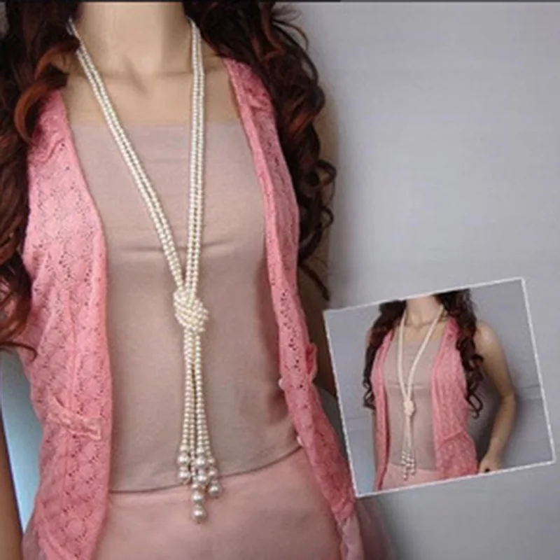 Модное корейское жемчужное многослойное ожерелье свитер с бантом и узлом