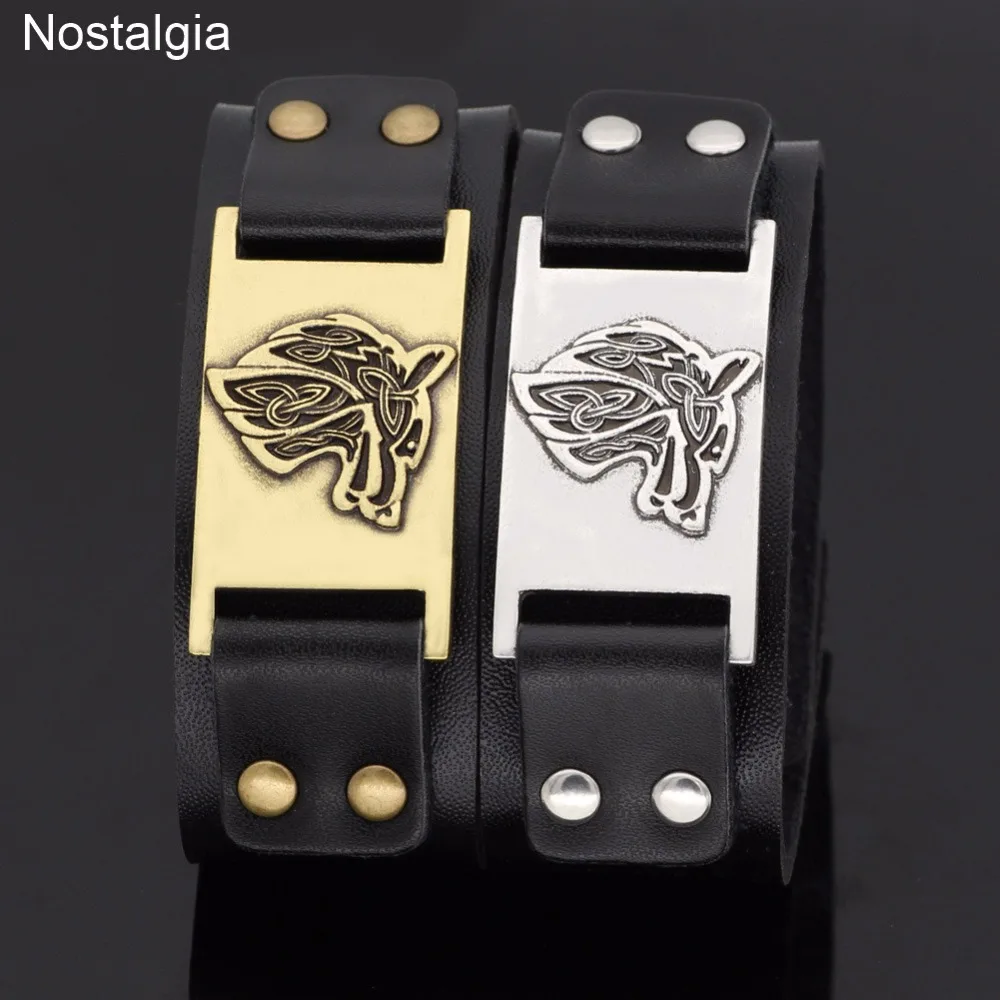 Nostalgia Teen Wolf Amulet Black Leather Jewelry Wide Cuff Bangle Bracelet Viking Animal Trinity Knot Talisman | Украшения и