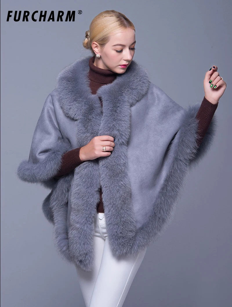 Замшевые шали с дизайном из натурального Лисьего меха модное женское пончо