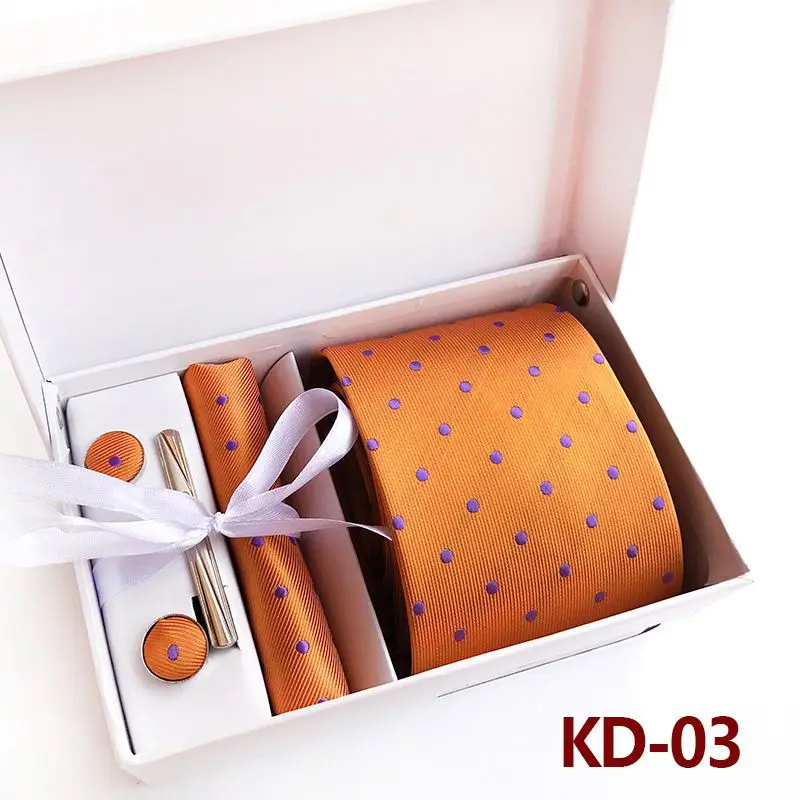 KD03 Новинка, модный галстук, набор, полиэстер, шелк, 8 см., галстуки в горошек, мужские галстуки для мужчин, галстук, платок, запонки, подарочная упаковка, KD01 - Цвет: KD03