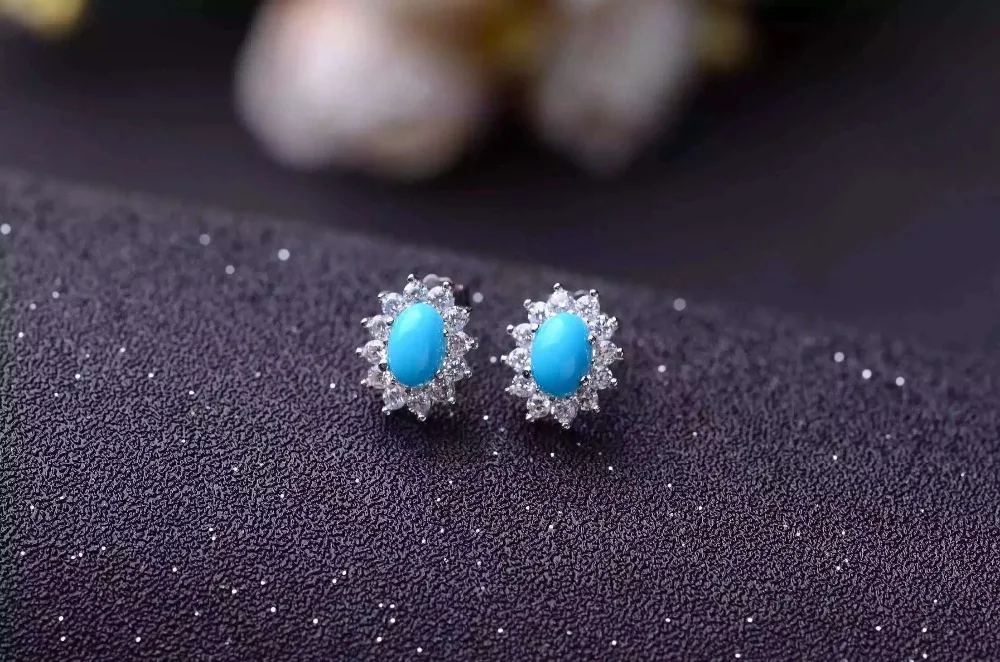 Натуральный голубой бирюзовый камень серьги 925 серебро натуральный драгоценный